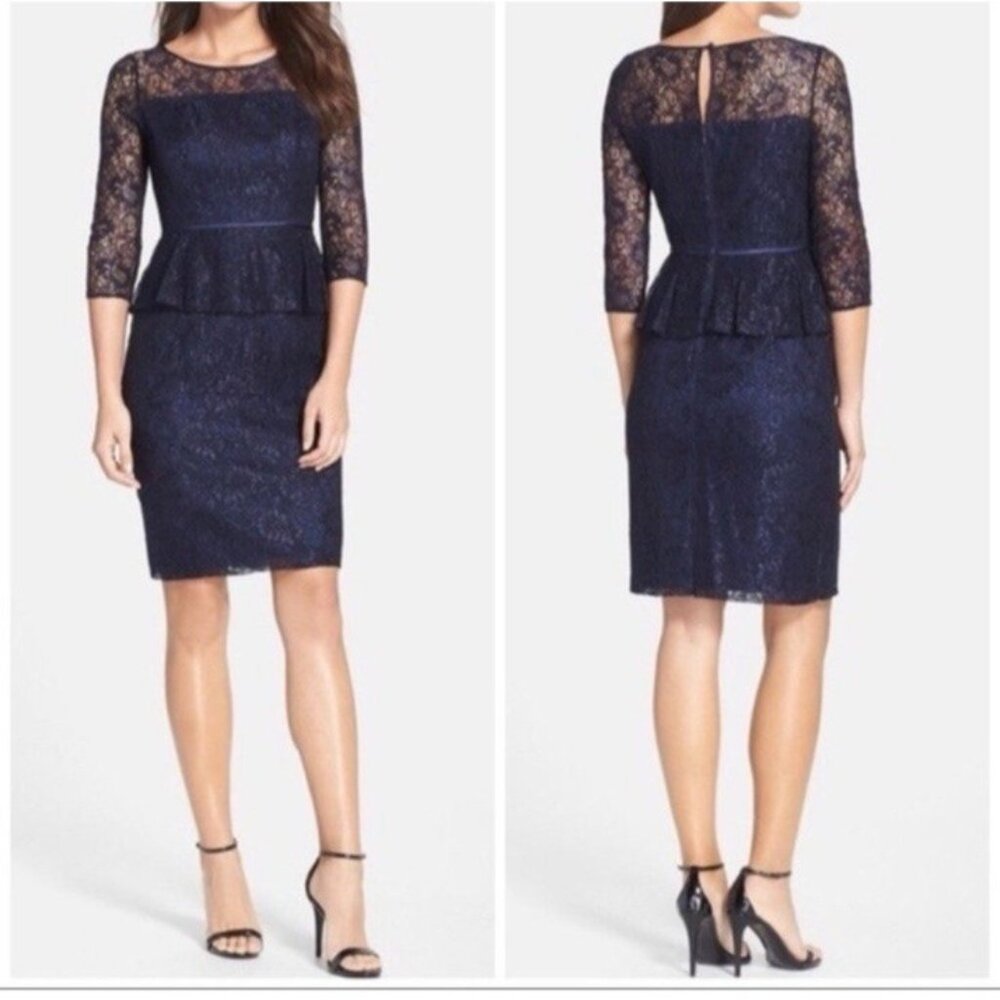 Adrianna Papell Dress 6 Navy Blue 3/4 Long Sleeve Lace Party Wedding Cruise